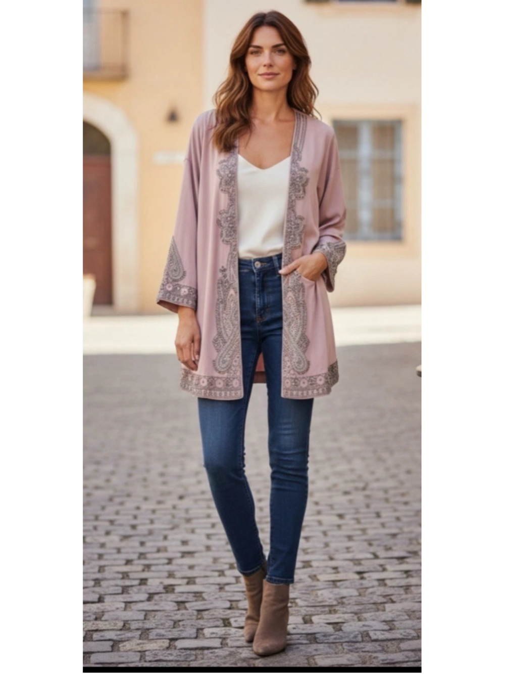 Soft Surroundings Mauve Embroidered Beaded Kimono Jacket large
